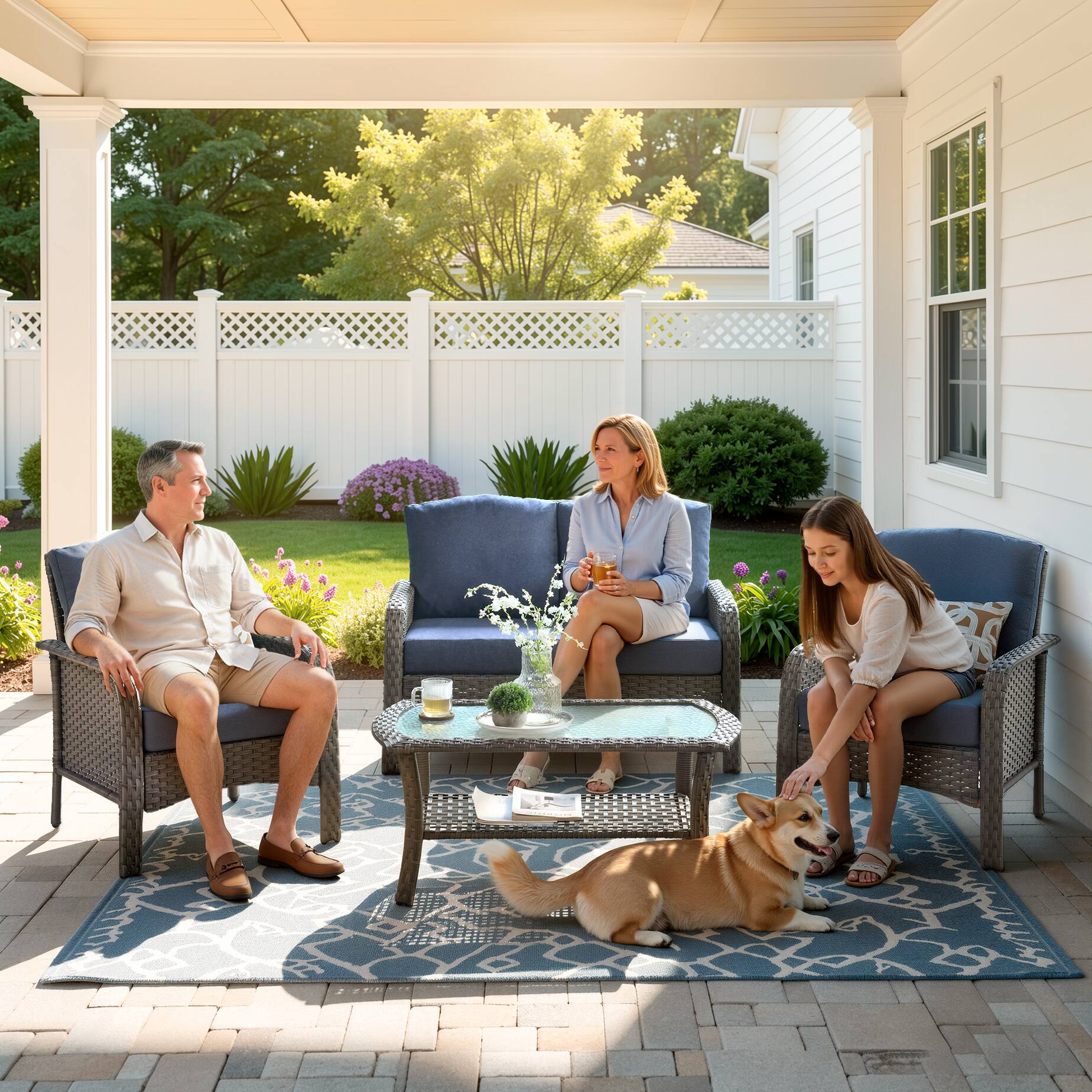 Alt View 2. Ovios - 4 PCS Patio Furniture Set, Outdoor Wicker Sofa with Armchairs & Coffee Table for Garden - Denim Blue.