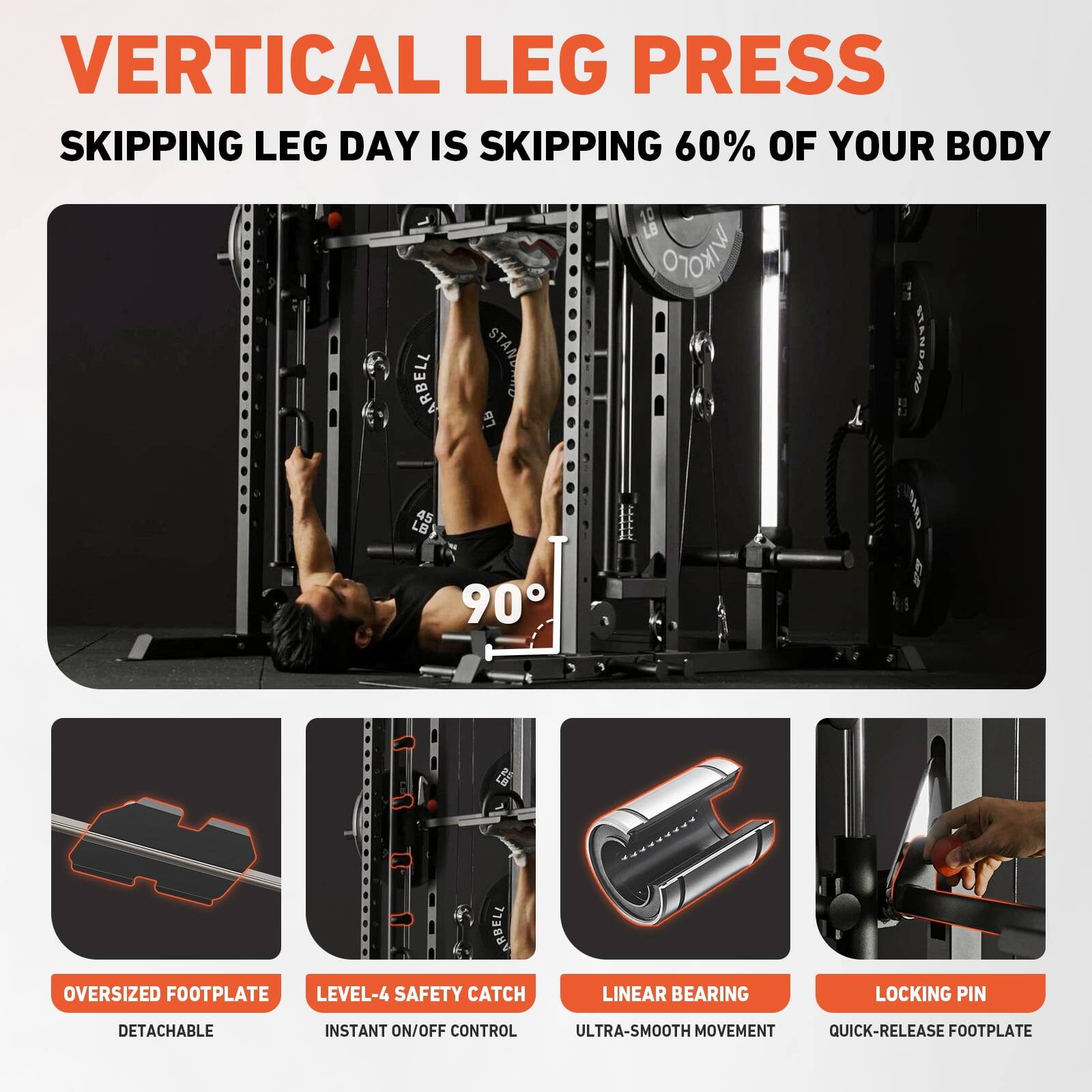 VERTICAL LEG PRESS
SKIPPING LEG DAY IS SKIPPING 60% OF YOUR BODY

ARBELL STANDAID Lb L8 WIKO STANDARD 45 LB

OVERSIZED FOOTPLATE
LEVEL-4 SAFETY CATCH
LINEAR BEARING
LOCKING PIN
DETACHABLE
INSTANT ON/OFF CONTROL
ULTRA-SMOOTH MOVEMENT
QUICK-RELEASE FOOTPLATE