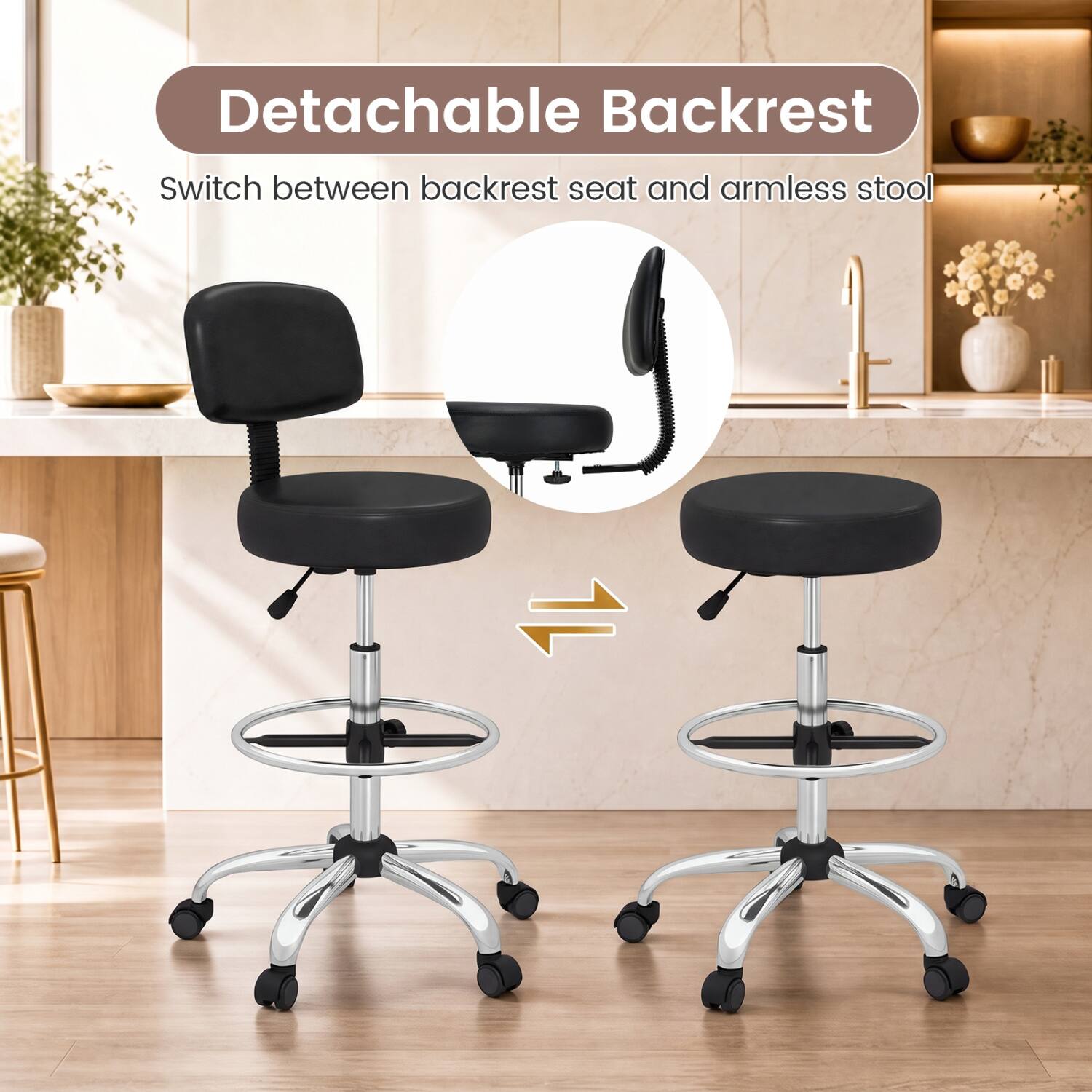 Detachable Backrest  
Switch between backrest seat and armless stool