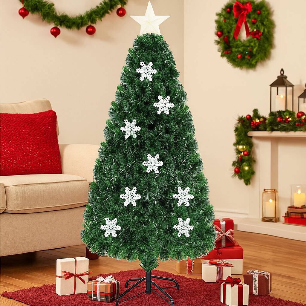 Angle. BreeBe - LED Lit Fiber Optic Xmas Tree with Snowflake Tips – 3 to 6 FT Sizes Available - Green.