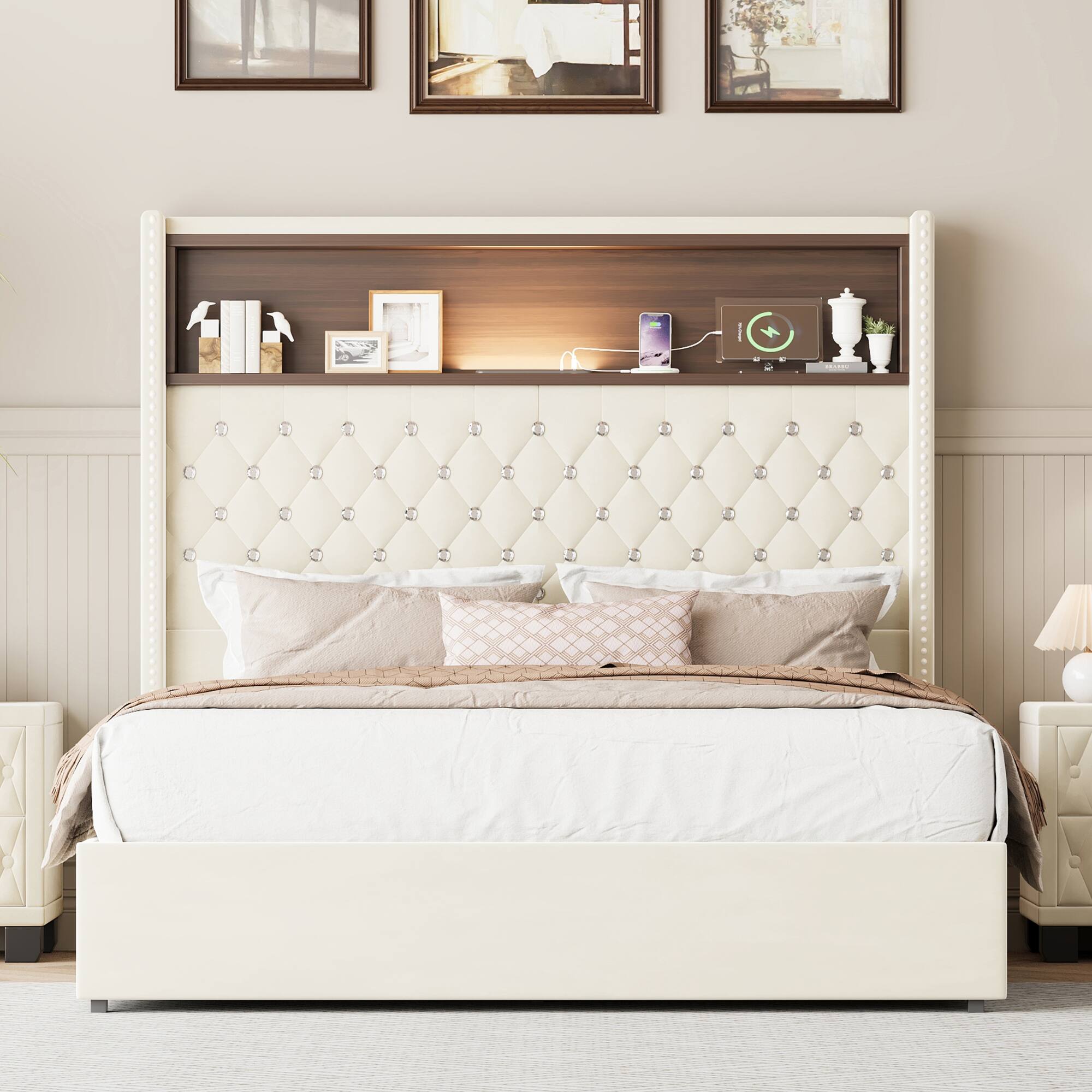 Angle. GOODSILO - Luxurious Velvet Tufted Bed Frame with USB Port and Night Light, High Headboard Platform Bed - Beige.