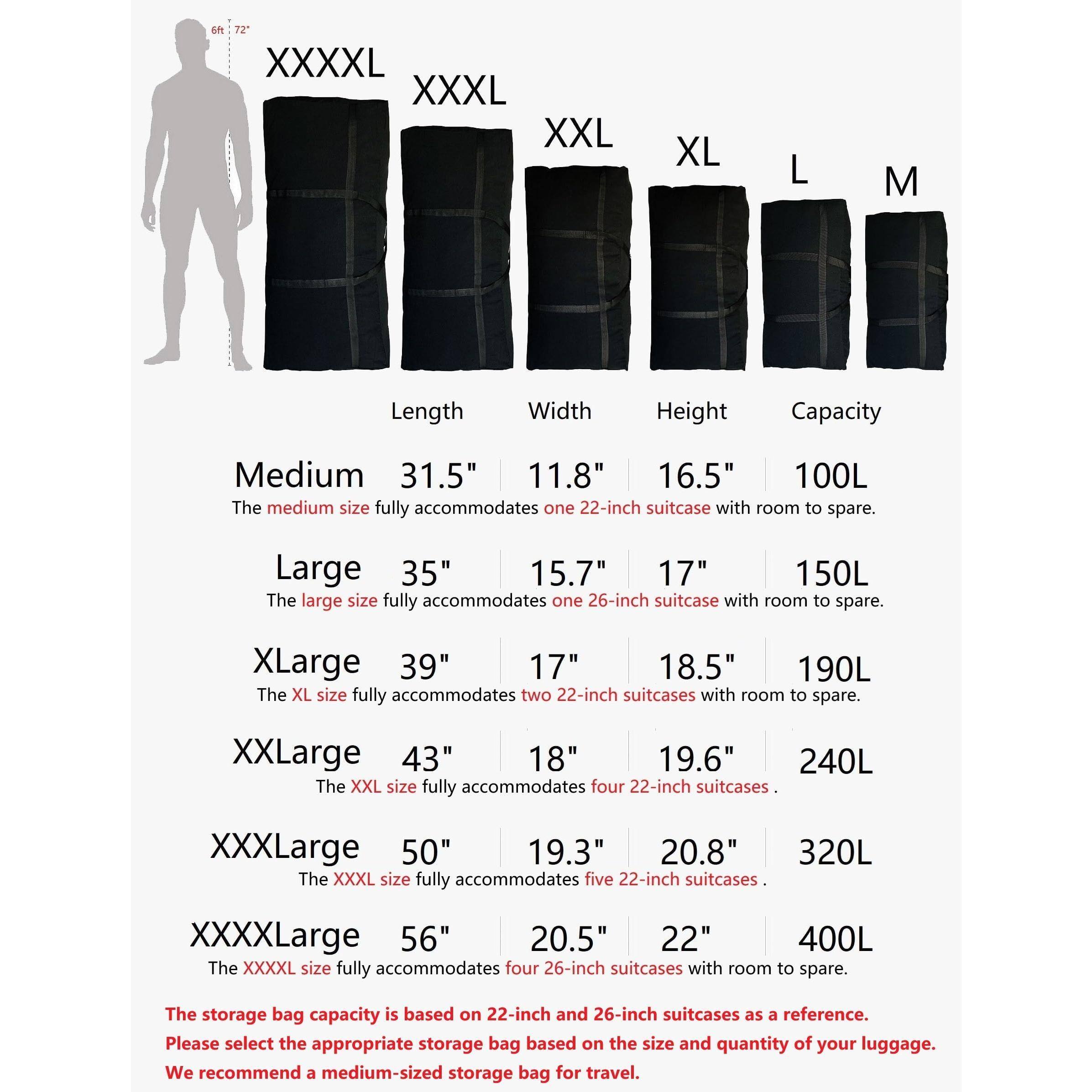 Sure, here is the corrected and grouped text:

---

**Medium**  
- Length: 31.5"  
- Width: 11.8"  
- Height: 16.5"  
- Capacity: 100L  
- The medium size fully accommodates one 22-inch suitcase with room to spare.

**Large**  
- Length: 35"  
- Width: 15.7"  
- Height: 17"  
- Capacity: 150L  
- The large size fully accommodates one 26-inch suitcase with room to spare.

**XLarge**  
- Length: 39"  
- Width: 17"  
- Height: 18.5"  
- Capacity: 190L  
- The XL size fully accommodates two 22-inch suitcases with room to spare.

**XXLarge**  
- Length: 43"  
- Width: 18"  
- Height: 19.6"  
- Capacity: 240L  
- The XXL size fully accommodates four 22-inch suitcases.

**XXXLarge**  
- Length: 50"