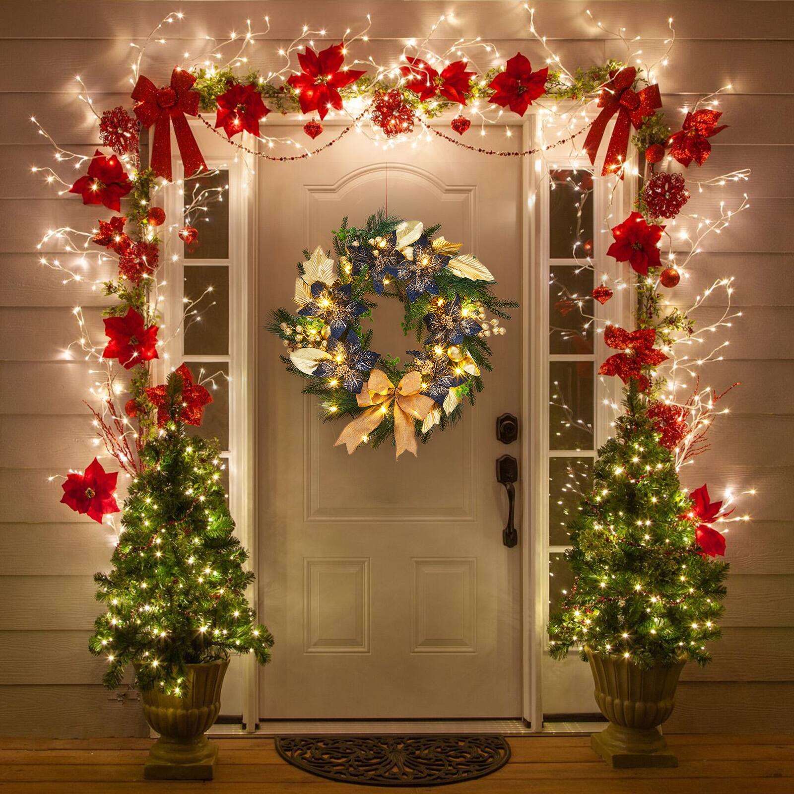 Alt View 4. Acekool - 24 Inch Christmas Wreath Pre-Lit Xmas Wreath with Bows, Gold Leaves Ball Ornaments for Front Door Windows Wall Blue - Blue.