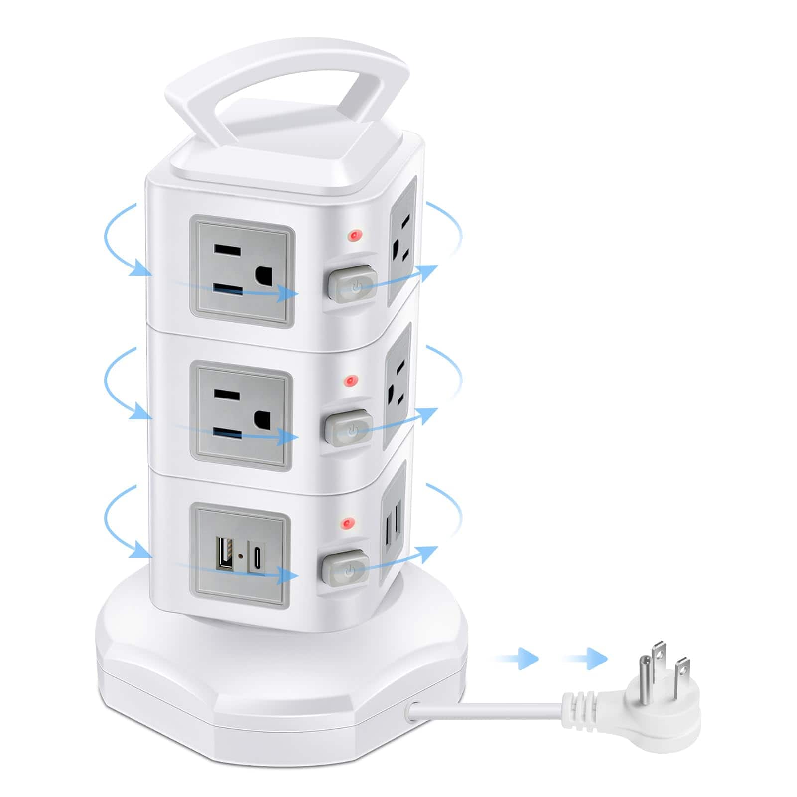 Dazzed Corner - Power Strip Tower, 10 Outlets, 4 USB (USB-C 20W), Retractable Cord - White