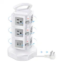 Dazzed Corner - Power Strip Tower, 10 Outlets, 4 USB (USB-C 20W), Retractable Cord - White