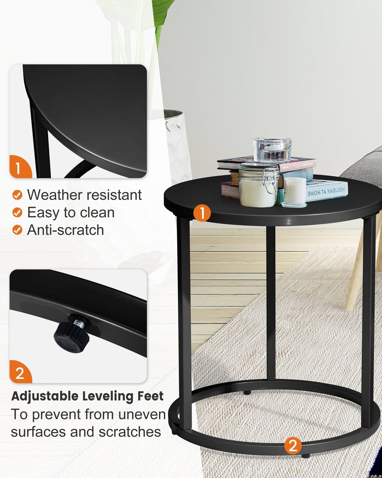 1. Weather resistant  
2. Easy to clean  
3. Anti-scratch  

1. Adjustable Leveling Feet  
   To prevent from uneven surfaces and scratches
