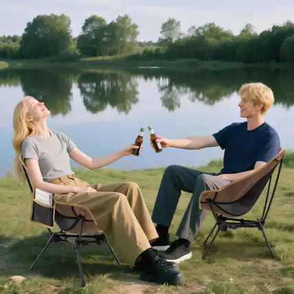 Front. Mondawe - Ultralight Folding Camping Chair w Compact Carry Bag Aerospace Aluminum 330 lbs Moon Shape - Coffee+Black.