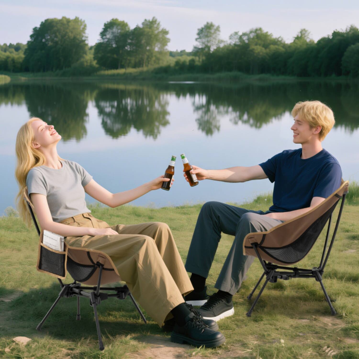 Front. Mondawe - Ultralight Folding Camping Chair w Compact Carry Bag Aerospace Aluminum 330 lbs Moon Shape - Coffee+Black.