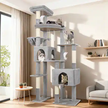 Front. Globlazer - 78 inch Indoor Cat Tree, Heavy Duty Cat Tree with Wider Base for Stability, Large Platforms, 2 Condos, 5 Sisal Posts - Light gray.
