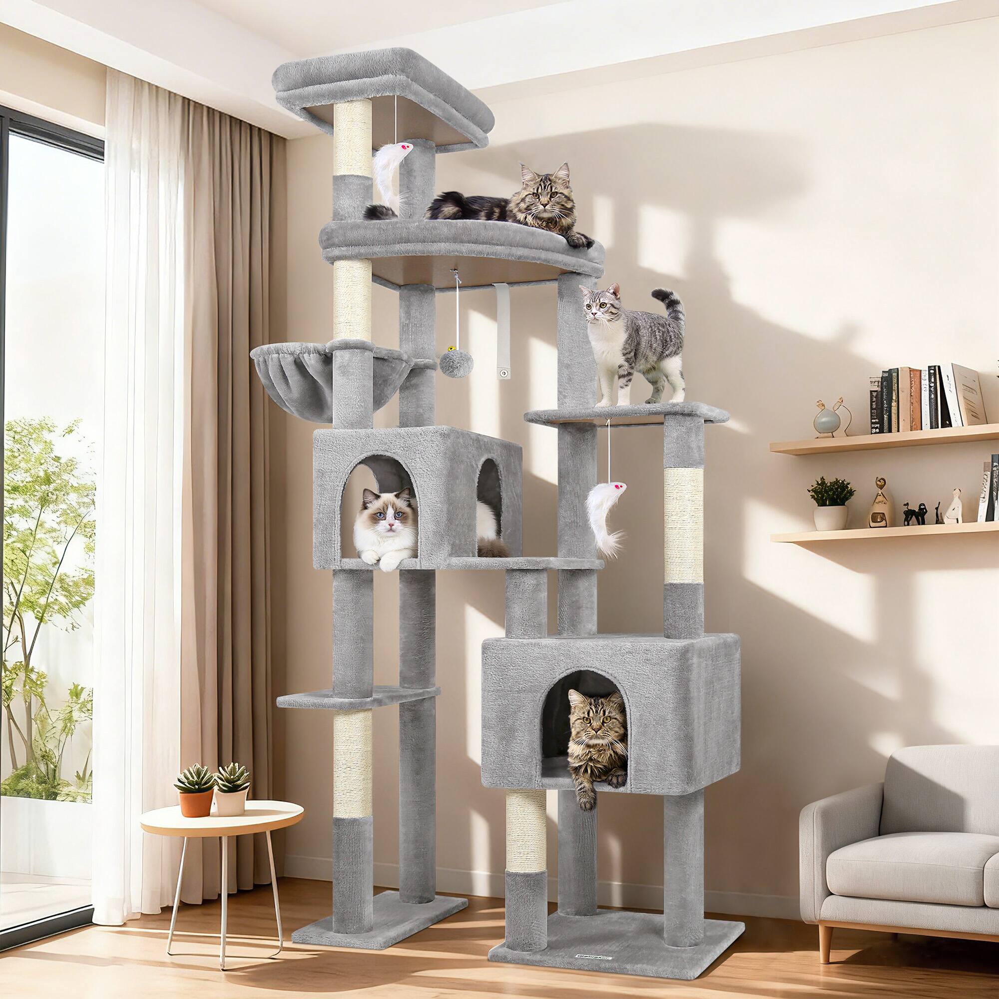 Globlazer - 78 inch Indoor Cat Tree, Heavy Duty Cat Tree with Wider Base for Stability, Large Platforms, 2 Condos, 5 Sisal Posts - Light Gray