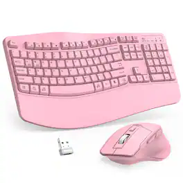 PRIMEPLUS - Wireless Keyboard & Mouse Combo, 2.4G Ergonomic Full-Size Wave Keys with Wrist Rest, 3-Level DPI Mouse for Win/Mac - Pink