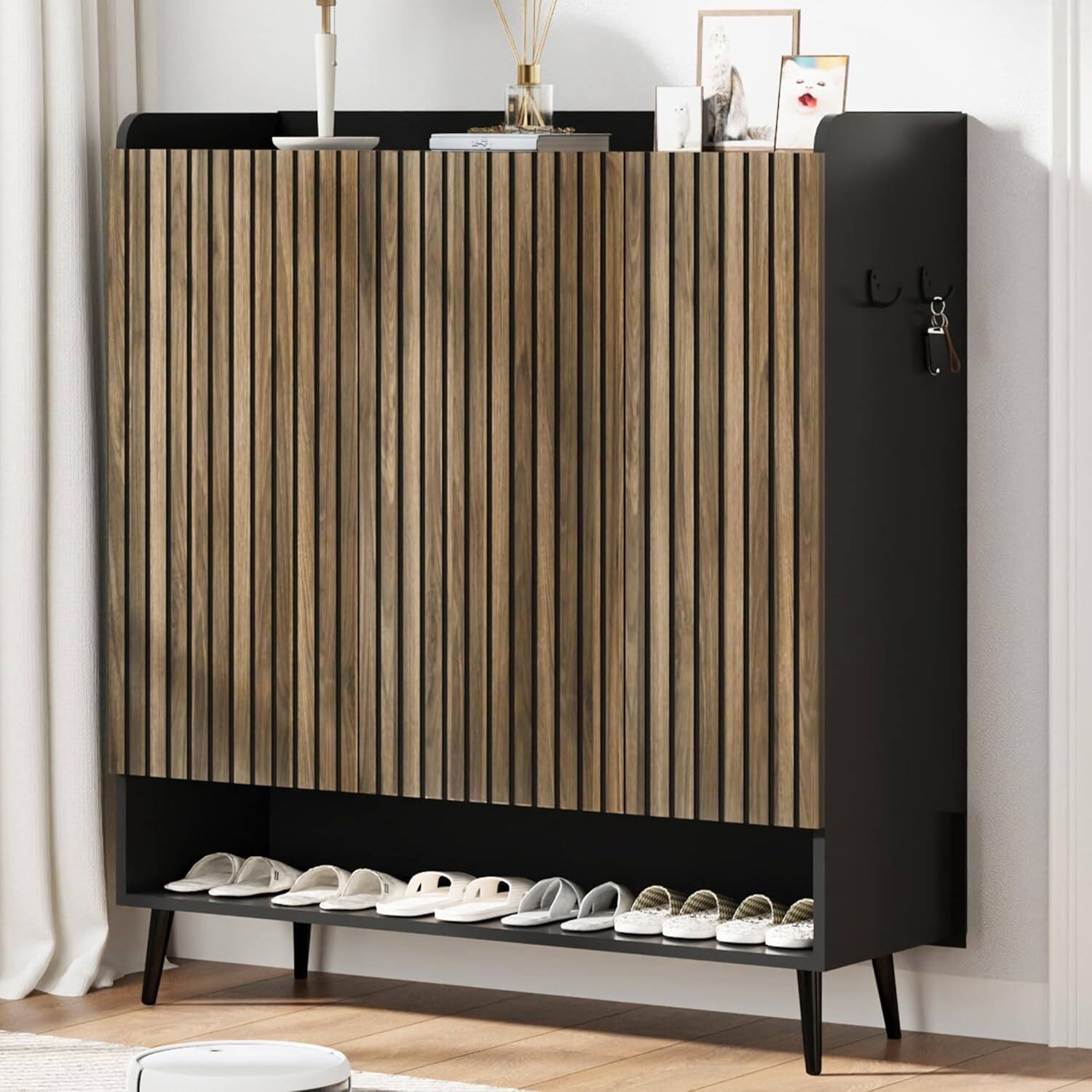 Front. Homhougo - Large Shoe Cabinet with Doors – 6-Tier Shoe Organizer with 3 Doors and Extra Hooks, Freestanding Shoe Storage - Black.