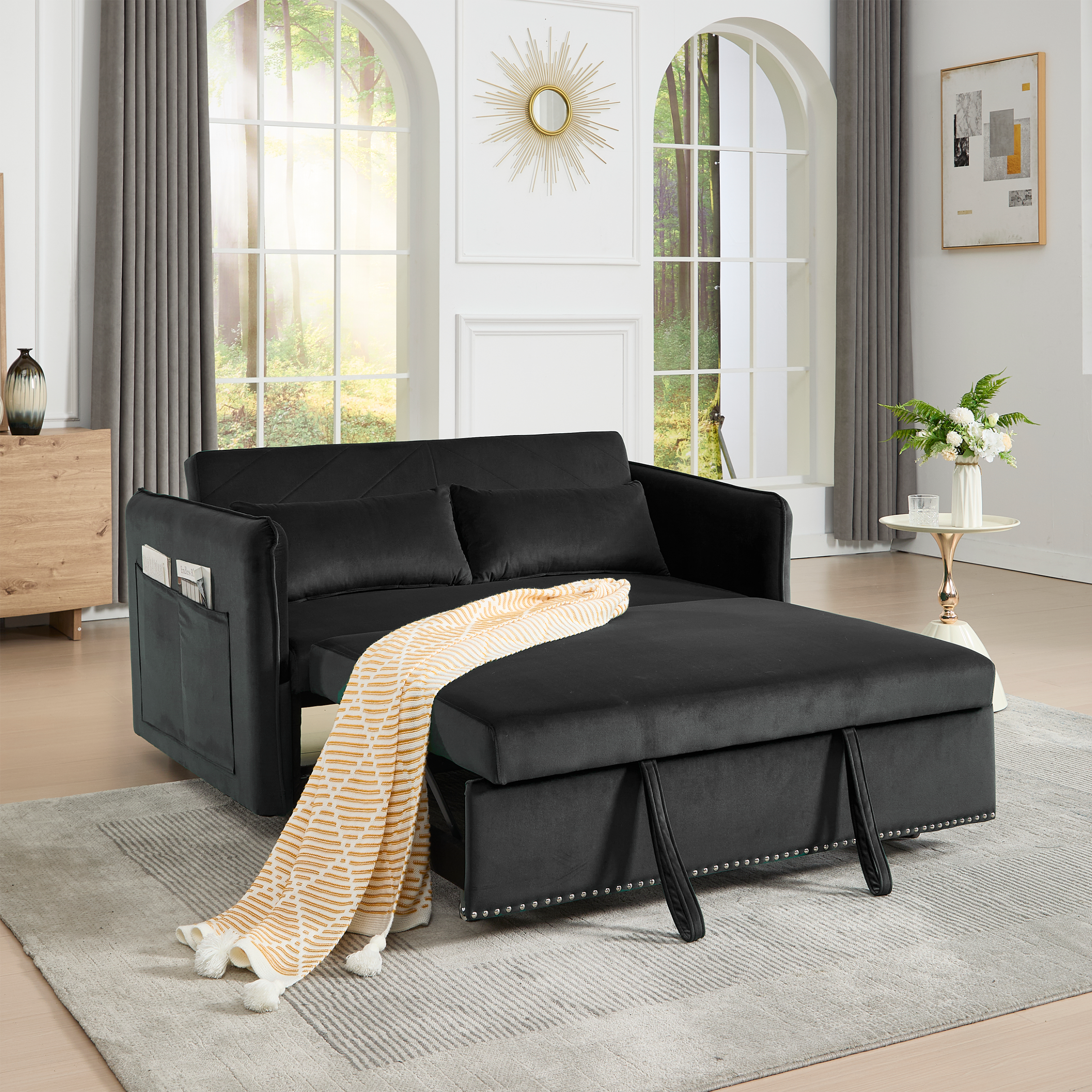 Back. Tiramisubest - 3 in 1 Convertible Sleeper Futon Sofa Bed,55" Velvet Loveseat with 2 Pillows,Reclining Backrest & Side Pockets,Black - Black.