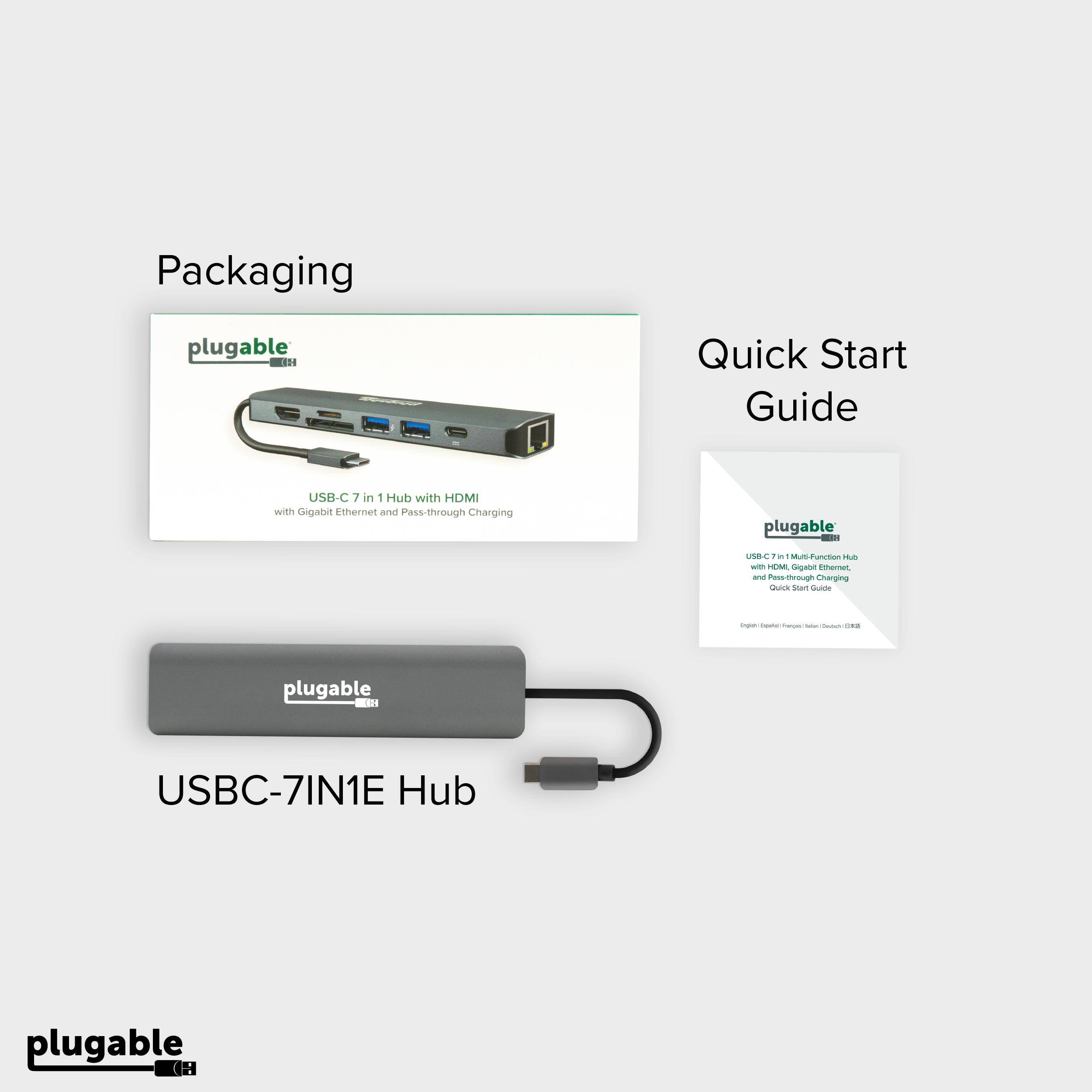 Packaging plugable LOF Quick Start Guide USB-C 7 in 1 Hub with HDMI with Gigabit Ethernet and Pass-through Charging plugable - USEu - M Panutan m - HEM drgabi therer and Pass Pass-tvough Charging E SAaT Sde - - plugable D USBC-7IN1E Hub plugable (H