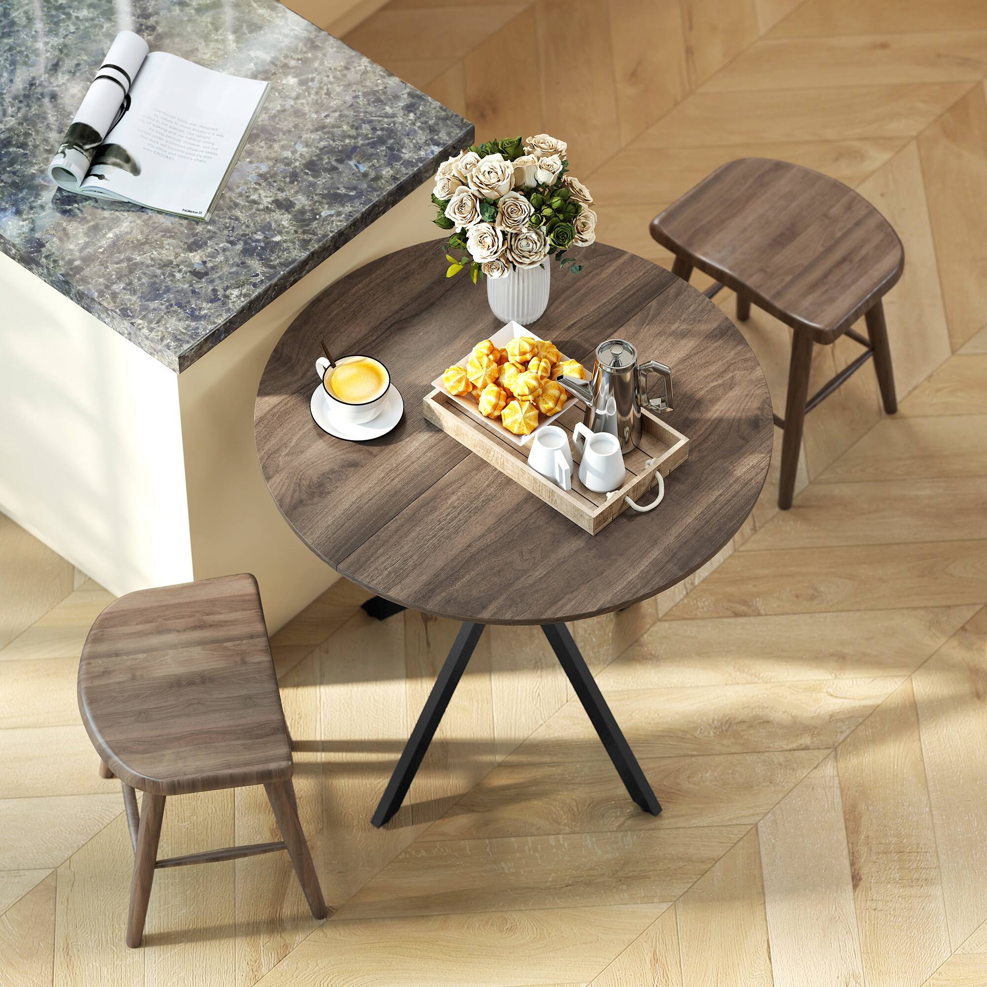Alt View 8. Homcom - Small Round Dining Table for 2, Industrial Kitchen Table with Cross Steel Legs for Dining Room - Brown.