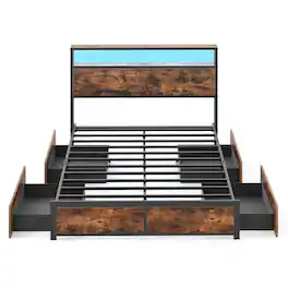 Costway - Full Size LED Bed Frame w/2-Tier Storage Headboard & 4 Drawers Charging Station - Rustic Brown,Black