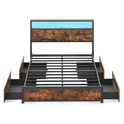 Front. Costway - Costway Full Size LED Bed Frame w/2-Tier Storage Headboard & 4 Drawers Charging Station - Rustic Brown,Black.