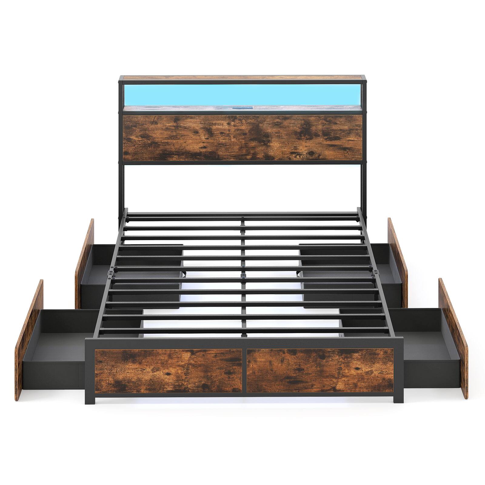 Alt View 9. Gymax - Gymax Full Size LED Bed Frame w/2-Tier Storage Headboard & 4 Drawers Charging Station - Brown.