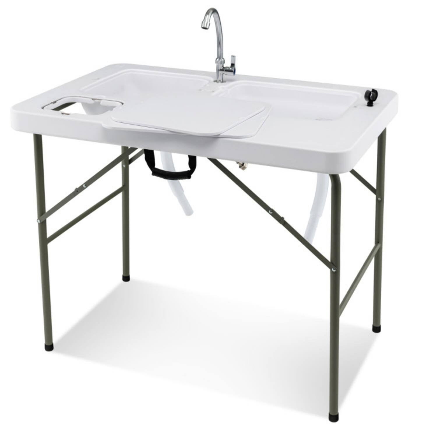 Alt View 5. Mondawe - Folding Fish Cleaning Table w 2 Sinks & 360° Rotatable Faucet HDPE Top Steel Legs 330 lbs - White.