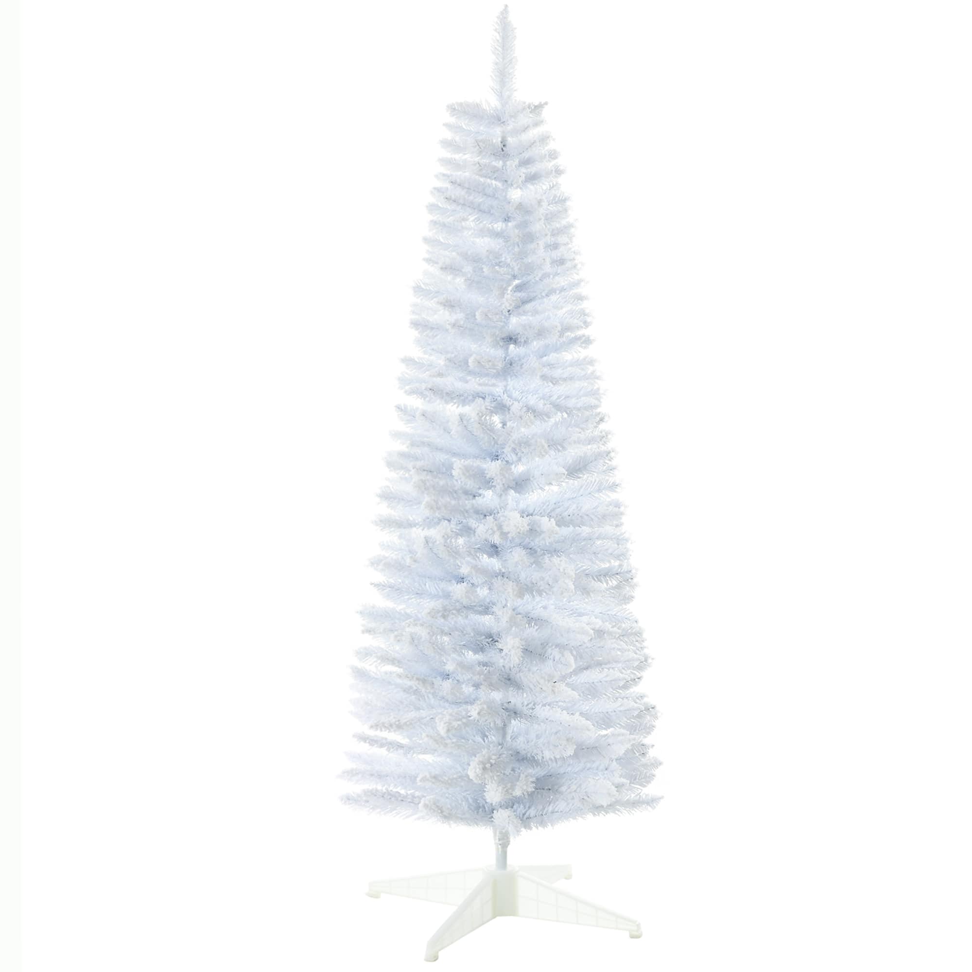 Homcom - Snow Flocked Artificial Pencil Christmas Tree, Slim, Realistic Branches, Plastic Base Stand, Indoor - White
