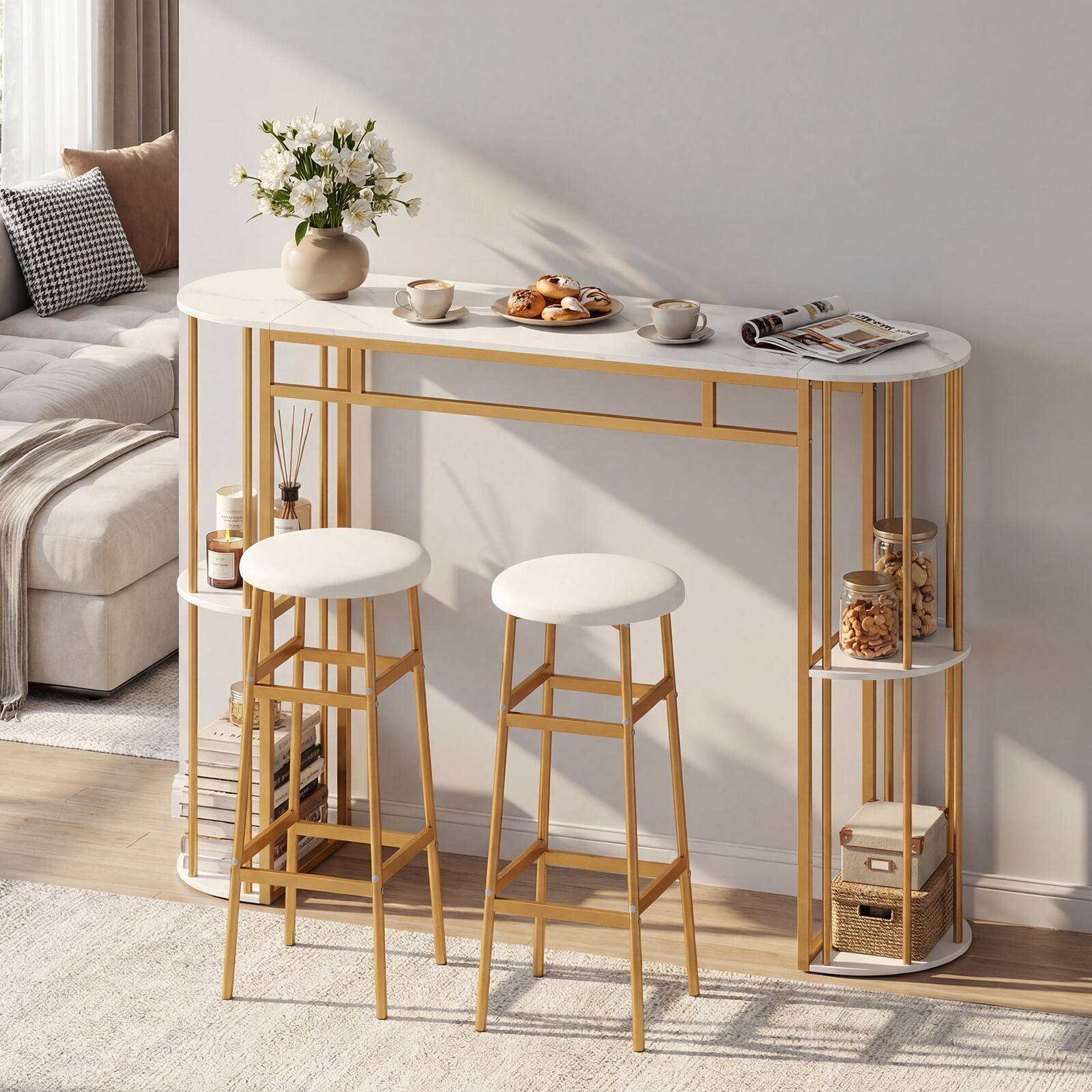 Alt View 3. Gymax - Gymax 3 Pieces 60'' Bar Table Set for 2 w/ Faux Marble Tabletop & Storage Shelves - Golden.
