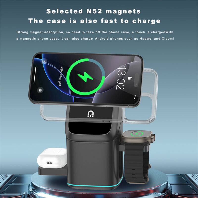 Selected N52 magnets  
The case is also fast to charge  

Strong magnet adsorption, no need to take off the phone case, a touch is charged. With a magnetic phone case, it can also charge Android phones such as Huawei and Xiaomi.  

75% Charged  
13:02