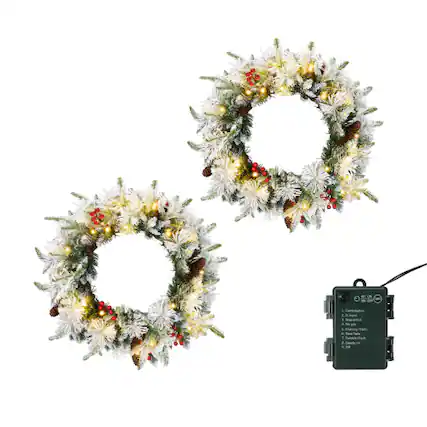 Front. Winado - 2PCS Christmas 18in Pre-lit Snow Flocked Wreath with Lights, Ornaments for Holiday Indoor Outdoor Party Decorations - Snowy Green.