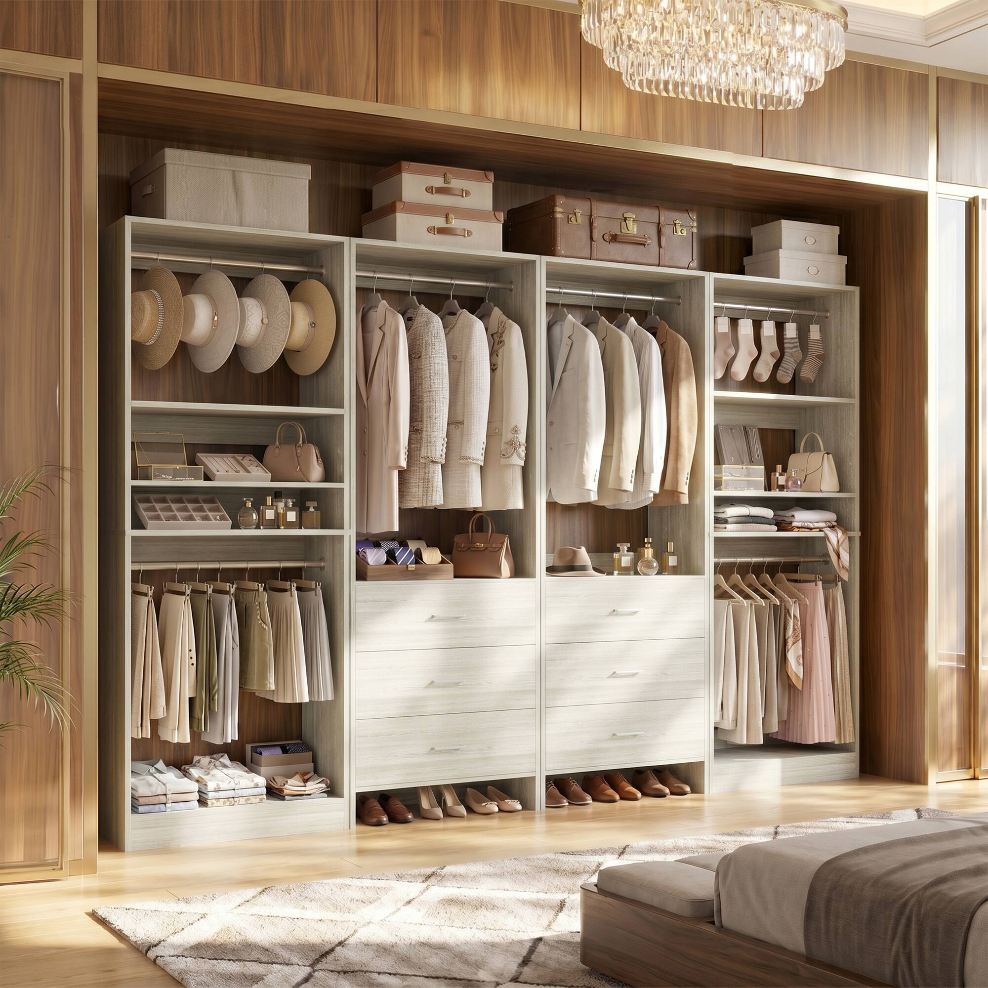 Alt View 2. Aheaplus - 98'' Walk-in Closet Organizer System, 4 Piece Wardrobe Set with 6 Drawers, 6 Hanging Rods & Adjustable Shelves - Beige Oak.