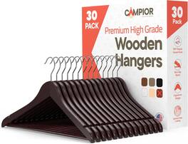 Campior - Wooden Hangers – 30-Pack, 360° Swivel Hook, Non-Slip, Pants Bar, Grooves, Space-Saving & Smooth Finish - Cherry