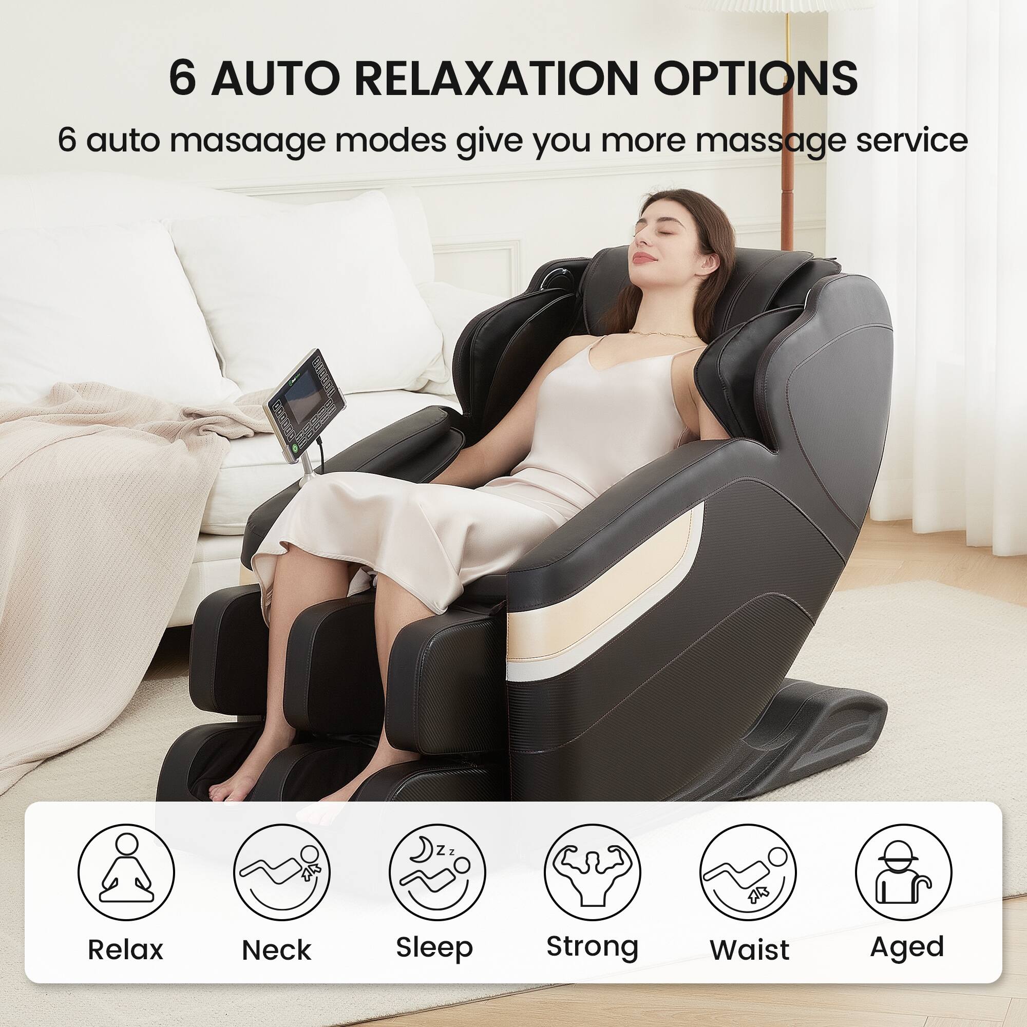 6 AUTO RELAXATION OPTIONS

6 auto massage modes give you more massage service

- Relax
- Neck
- Sleep
- Strong
- Waist
- Aged