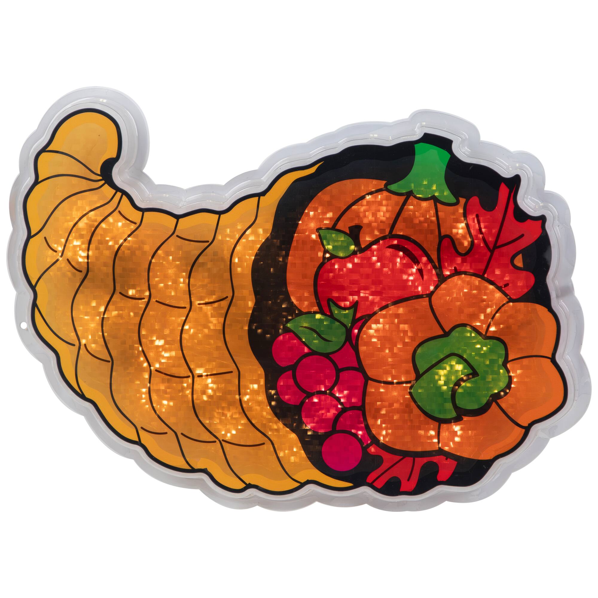 Alt View 1. Northlight - Pre-lit Cornucopia Thanksgiving Window Decoration – 16" - Clear Lights - Gold.