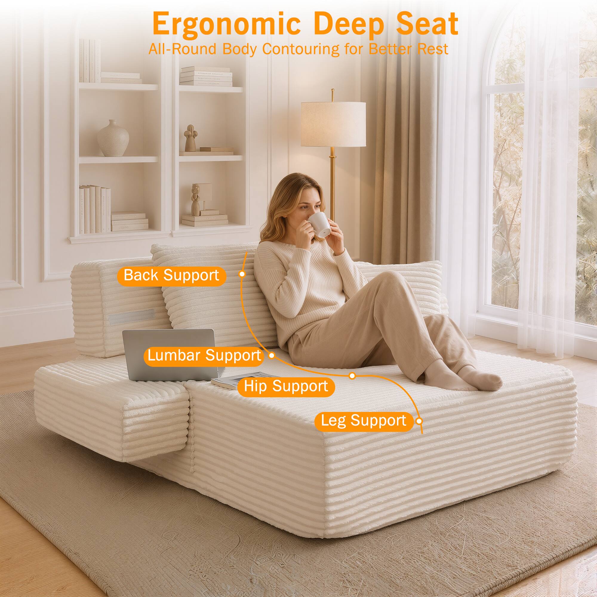 Ergonomic Deep Seat  
All-Round Body Contouring for Better Rest  
- Back Support  
- Lumbar Support  
- Hip Support  
- Leg Support