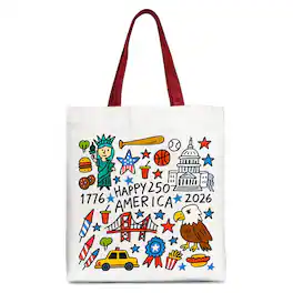 OrnamentallyYou - Happy 250 America Doodle Tote Bag, Patriotic USA 1776-2026 250th Anniversary Gift Shopper - White Red