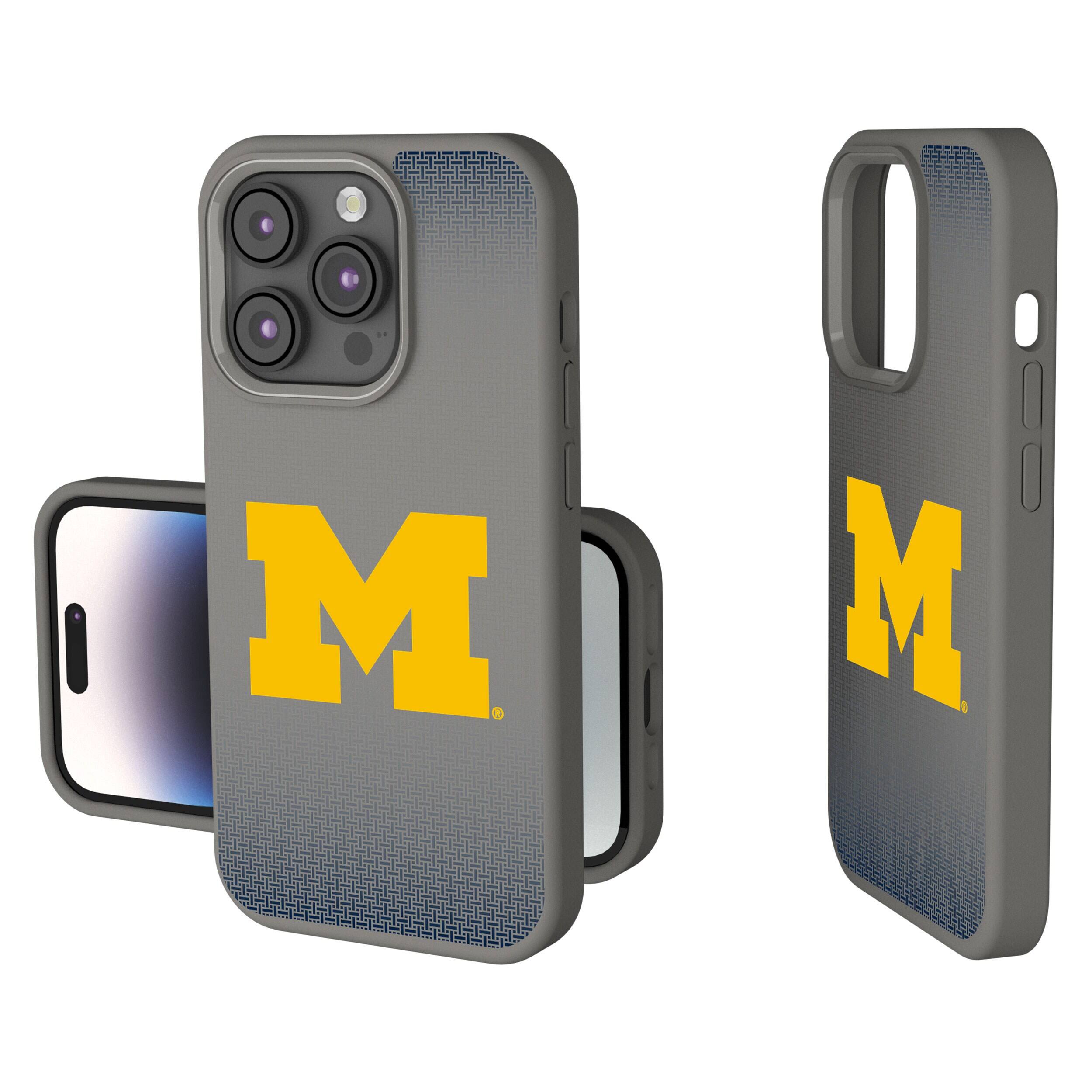 Front. Keyscaper - Michigan Wolverines Linen Logo iPhone Soft Touch Case - 14 Pro Max - Gray.