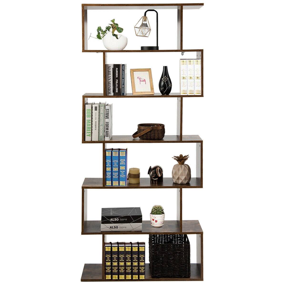 Gymax - 6-Tier S-Shape Bookcase Z-Shelf Style Storage Display Rack Brown - as pics