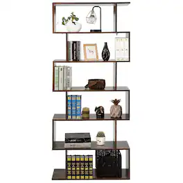 Gymax - 6-Tier S-Shape Bookcase Z-Shelf Style Storage Display Rack Brown - as pics