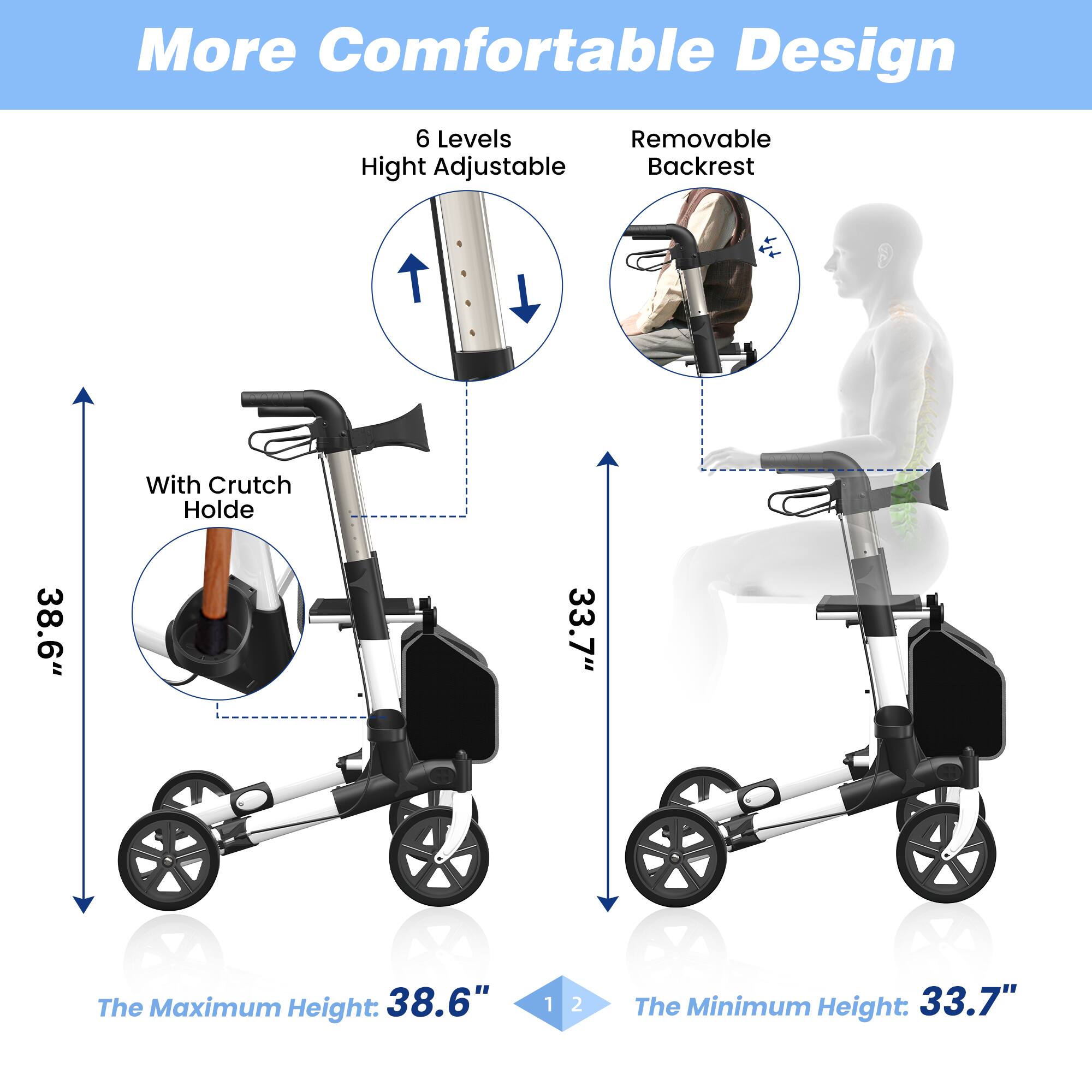 More Comfortable Design

6 Levels Height Adjustable

With Crutch Holde

The Maximum Height: 38.6"

The Minimum Height: 33.7"

Removable Backrest