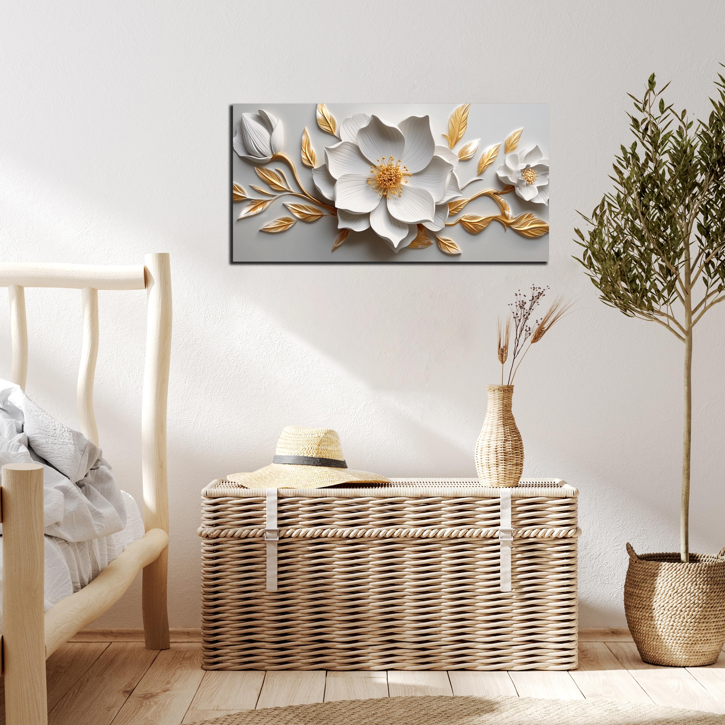 Alt View 3. Hirose Alice - Canvas Wall Art for Living Room Bedroom Office and Gold Flower Artwork Large Botanical Floral Wall Art Framed - white 20"L x 40"W.