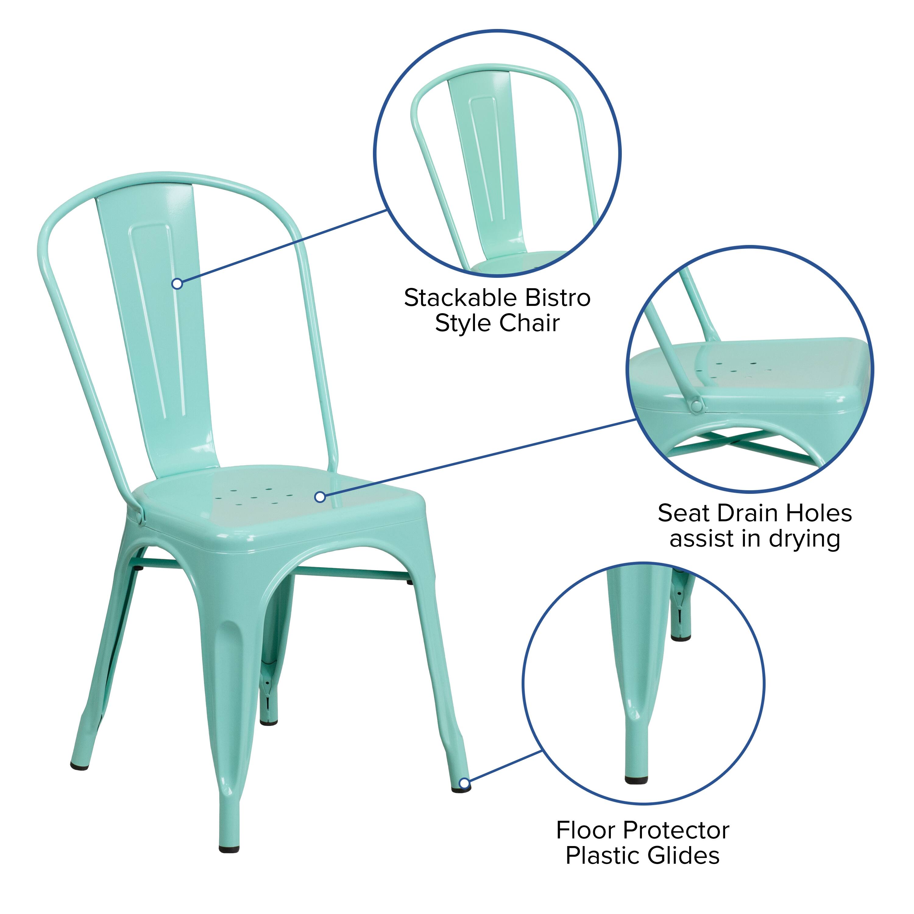 Stackable Bistro Style Chair Seat Drain Holes assist in drying Floor Protector Plastic Glides