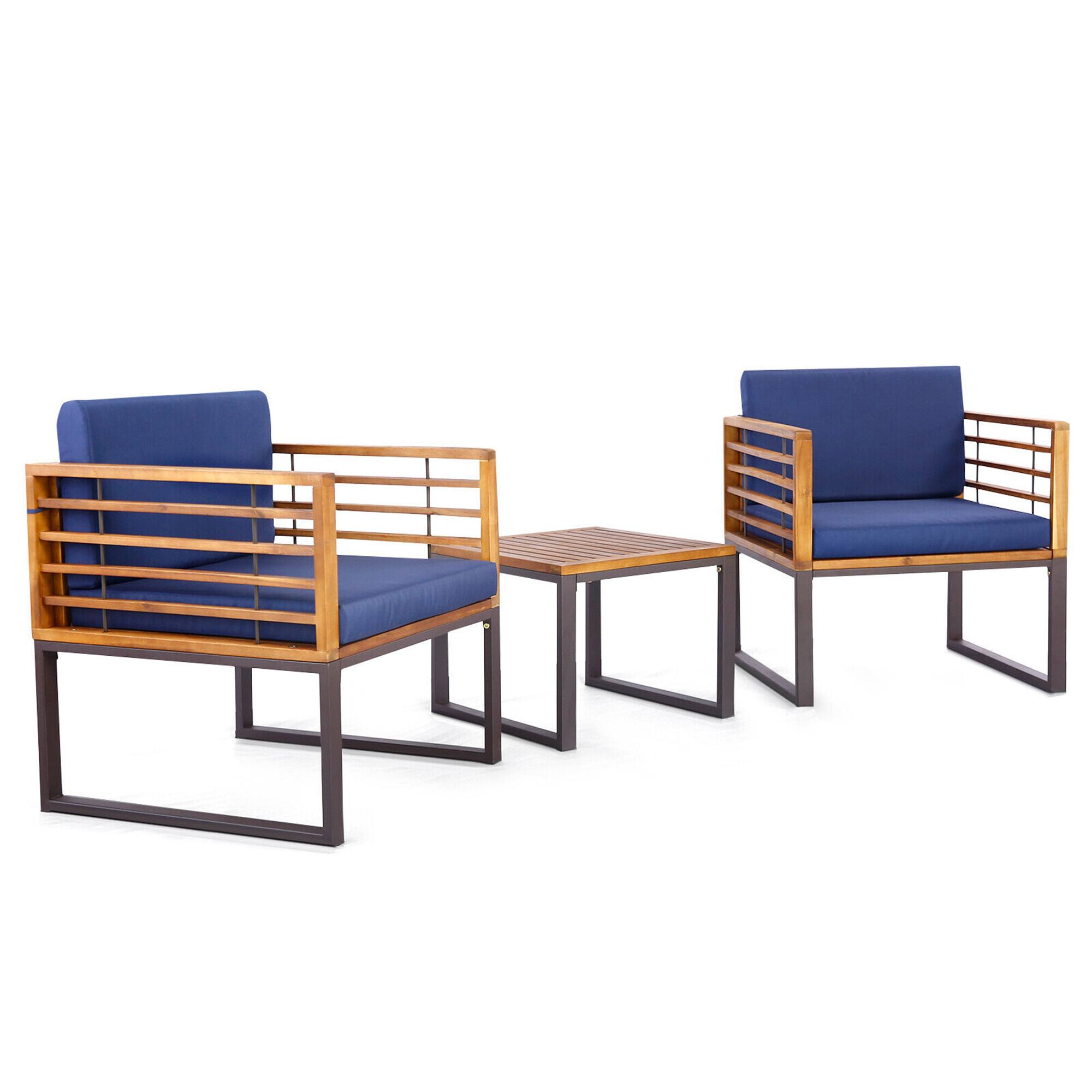 Alt View 1. Gymax - Gymax 3PCS Acacia Wood Patio Bistro Set Outdoor Conversation Furniture Set w/ Navy Cushions - Navy.