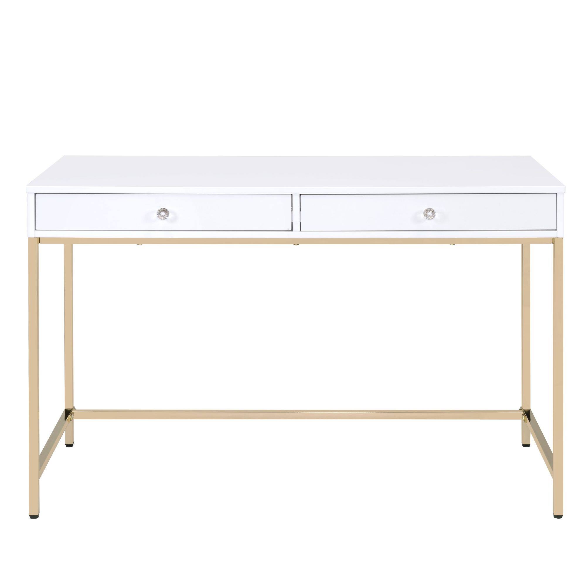 Alt View 1. GOODSILO - Contemporary High Gloss Writing Desk with Metal Base and Two Storage Drawers for Modern Office - White.