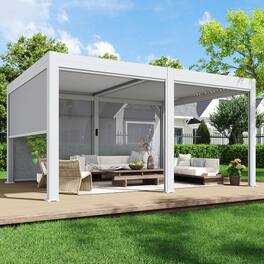 U-HOMY - 12' x 16' Outdoor Pergola with LED Lights – Aluminum Gazebo, Motorized Louvers & Side Screens - White