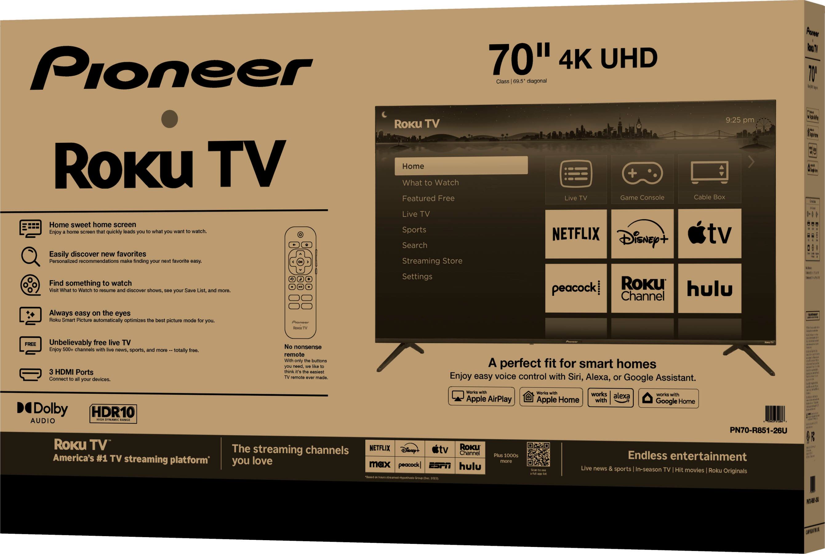Pioneer Roku TV is a 70" 4K UHD television that offers a wide range of features and entertainment options. With a 69.5 diagonal screen, it provides a large and immersive viewing experience. The TV is equipped with HDMI ports, allowing you to connect various devices, such as gaming consoles, cable boxes, and streaming devices. The Roku TV also comes with a remote control that has minimal buttons, making it easy to use and navigate.

One of the standout features of the Pioneer Roku TV is its ability to stream live TV and access a wide range of streaming channels, including Netflix, Disney+, Hulu, and Peacock. This allows you to enjoy a diverse selection of content, from sports and news to movies and TV shows. Additionally, the Roku TV supports Dolby HDR10 audio, providing an enhanced audio experience for a more immersive viewing experience. Overall, the Pioneer Roku TV is designed to offer a seamless and enjoyable entertainment experience for smart homes.