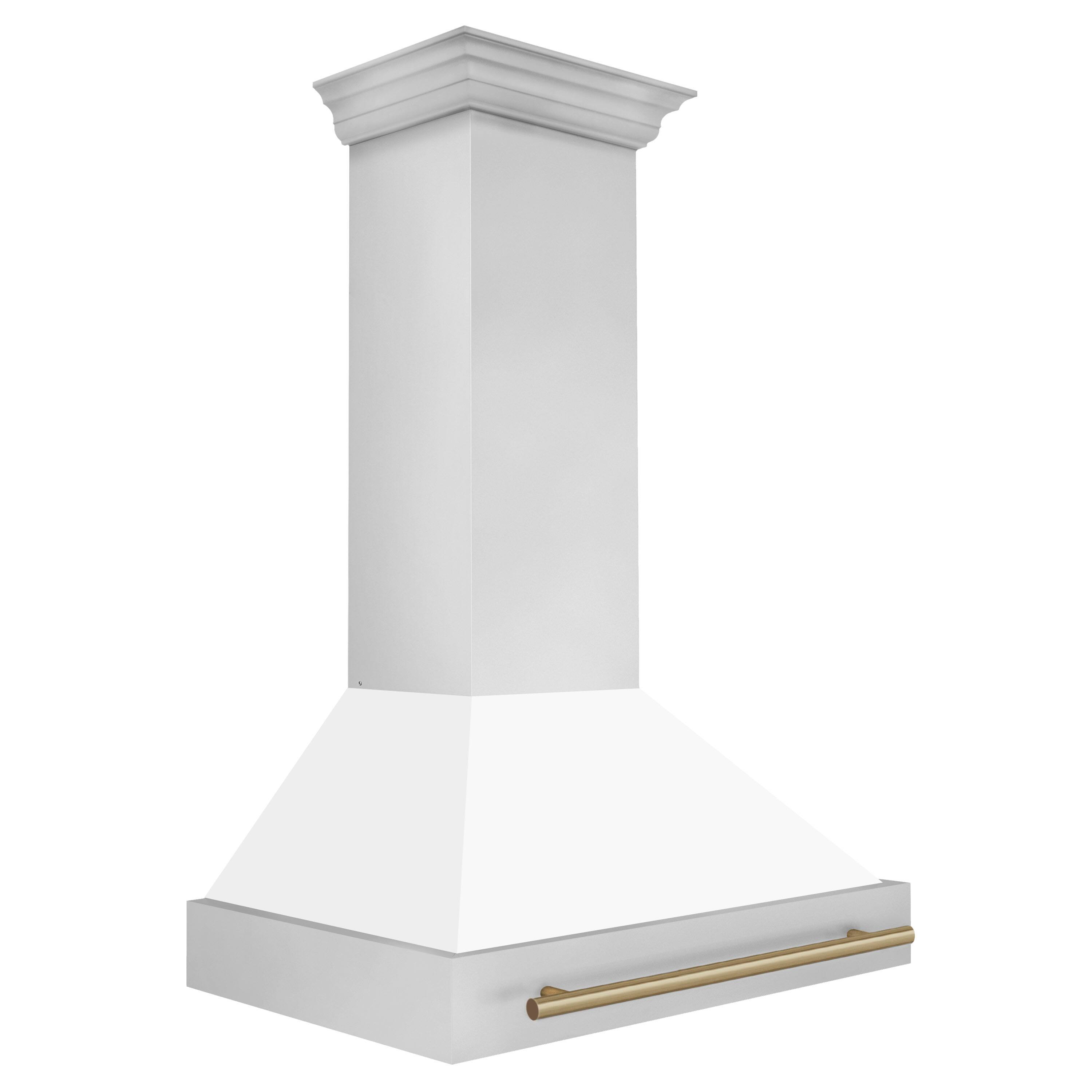 Angle. ZLINE - ZLINE Autograph Edition 36 in. Stainless Steel Range Hood with White Matte Shell and Champagne Bronze Handle - Stainless Steel.