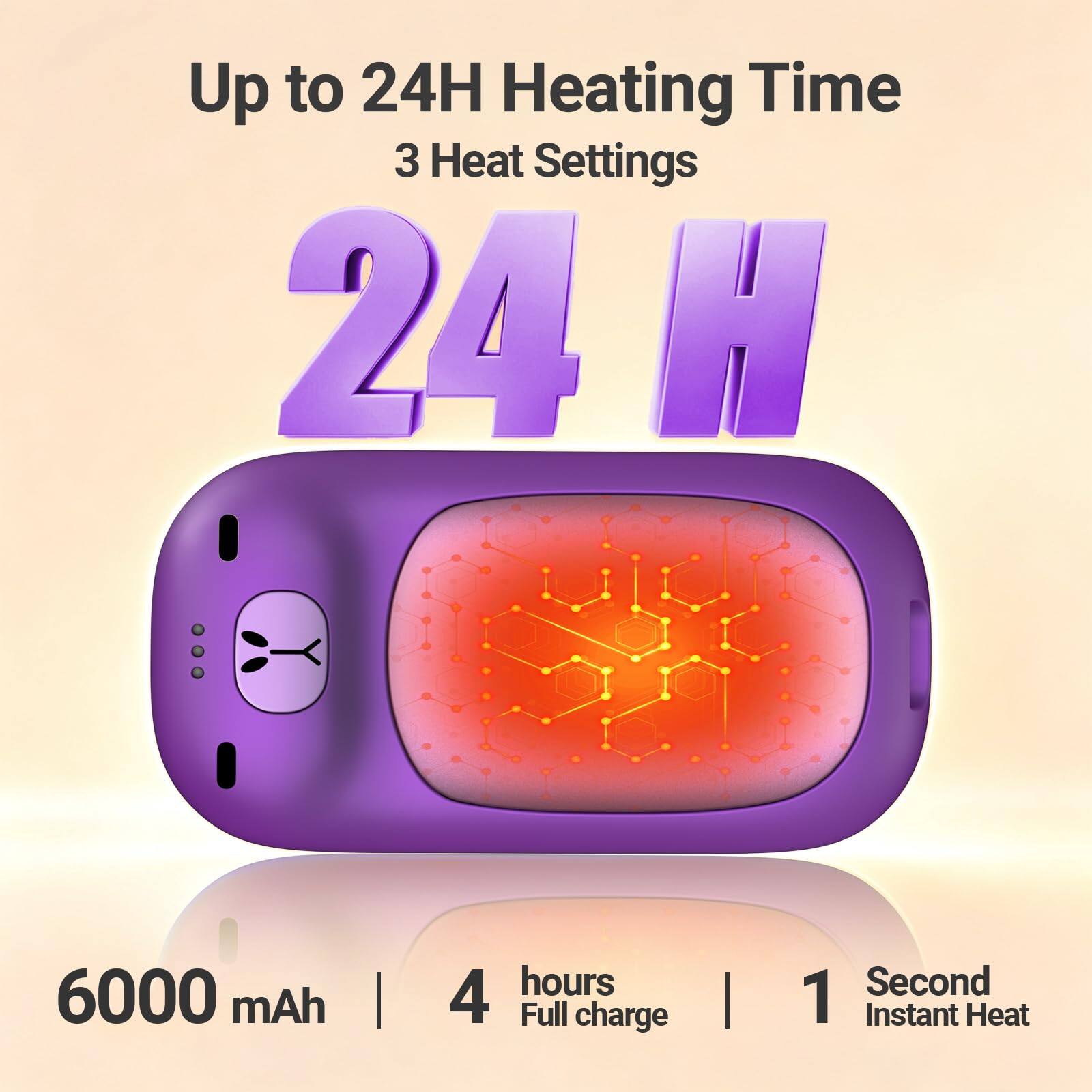 Up to 24H Heating Time  
3 Heat Settings  
24 H  

6000 mAh  
4 hours Full charge  
1 Second Instant Heat