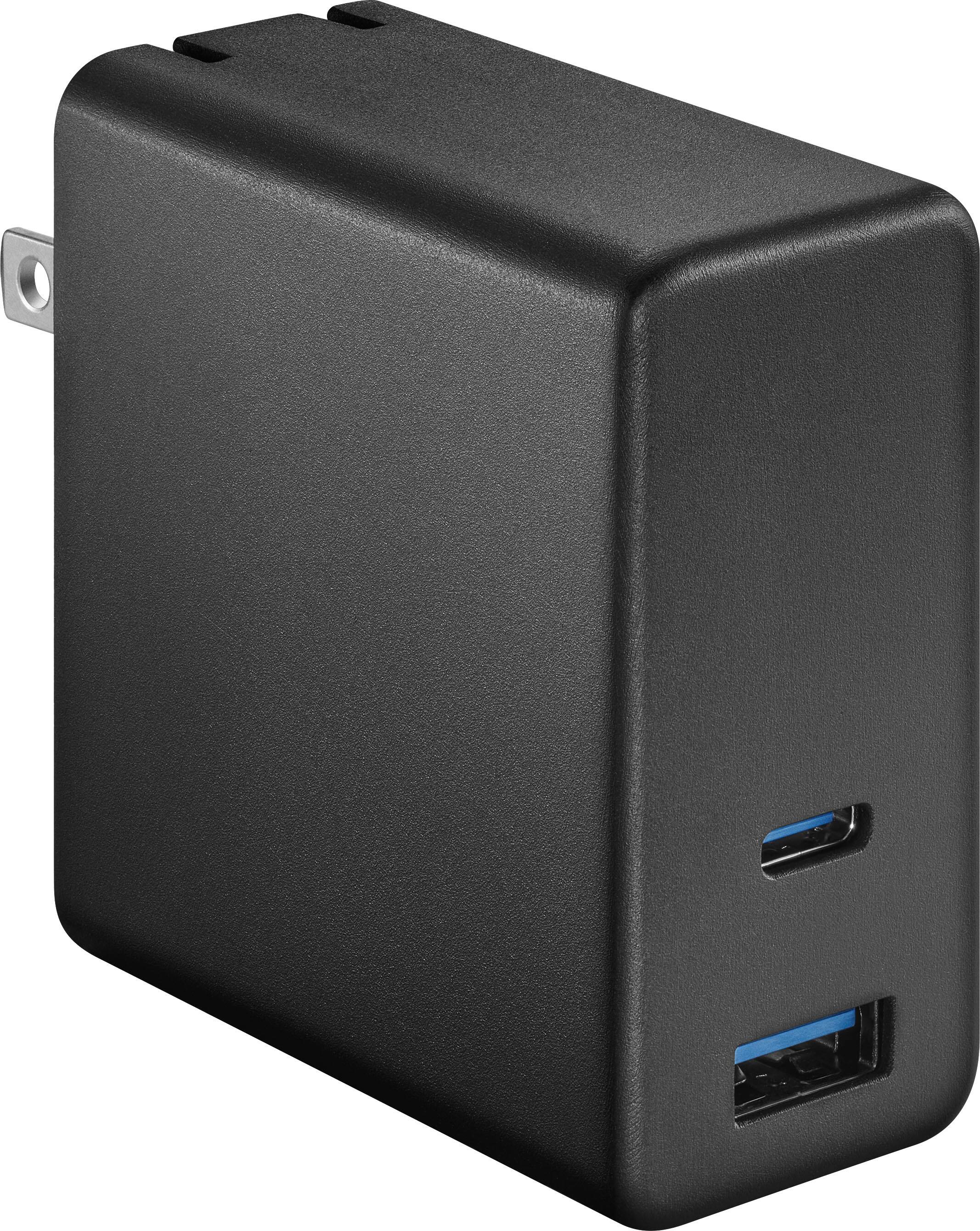 Front. Best Buy essentials™ - 100W Dual Port USB-C and USB Wall Charger for MacBook Pro, iPad, iPhone, Apple Watch, Smartphones & other USB-C Devices - Black.