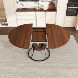Loheer - 43 to 59 inch Extendable Round Dining Table, Walnut Veneer, Black Metal Base - Brown and black