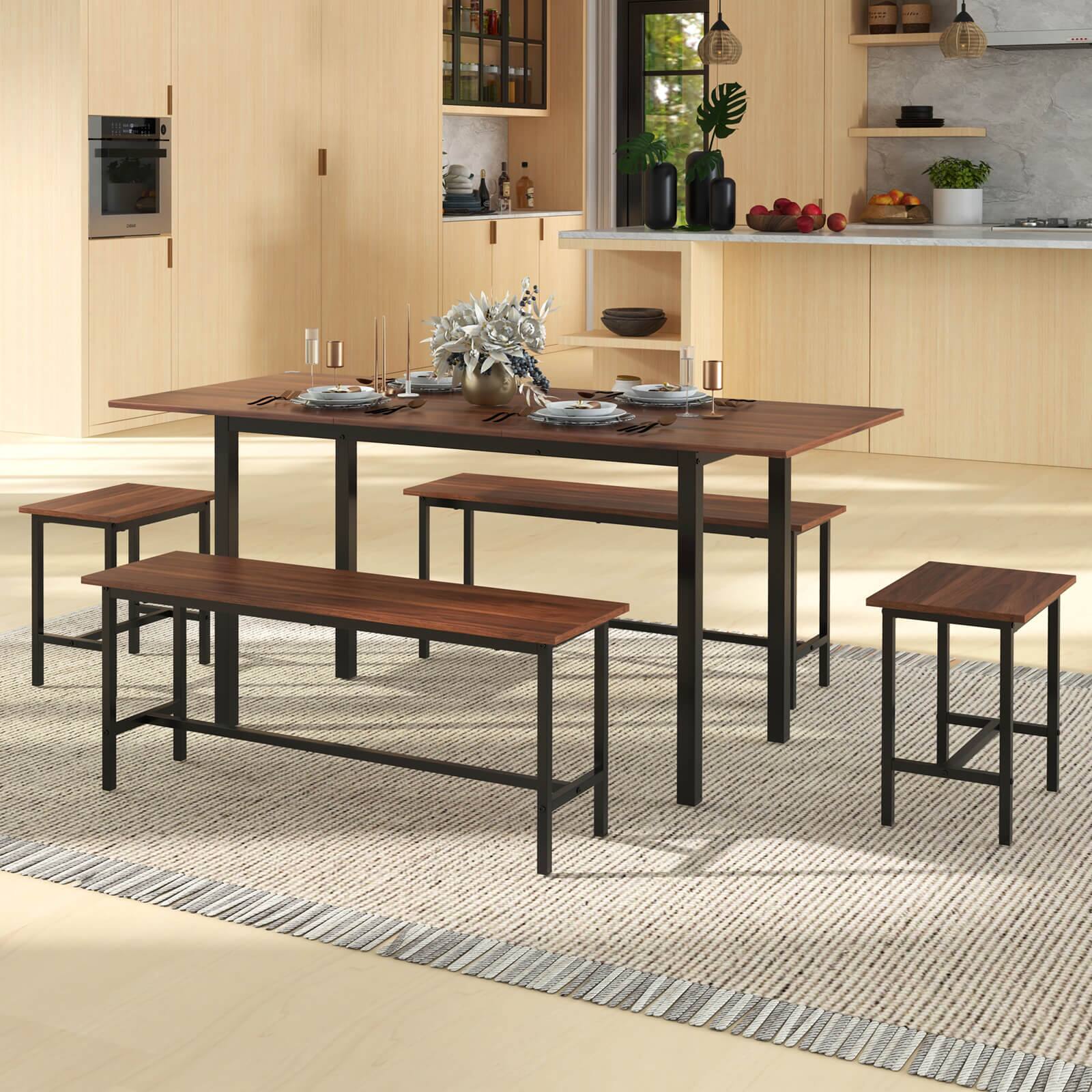 Left. Costway - 5 PCS Dining Table Set for 4-6 w/ 2 Benches & 2 Stools Metal Frame Dining Room - Walnut.