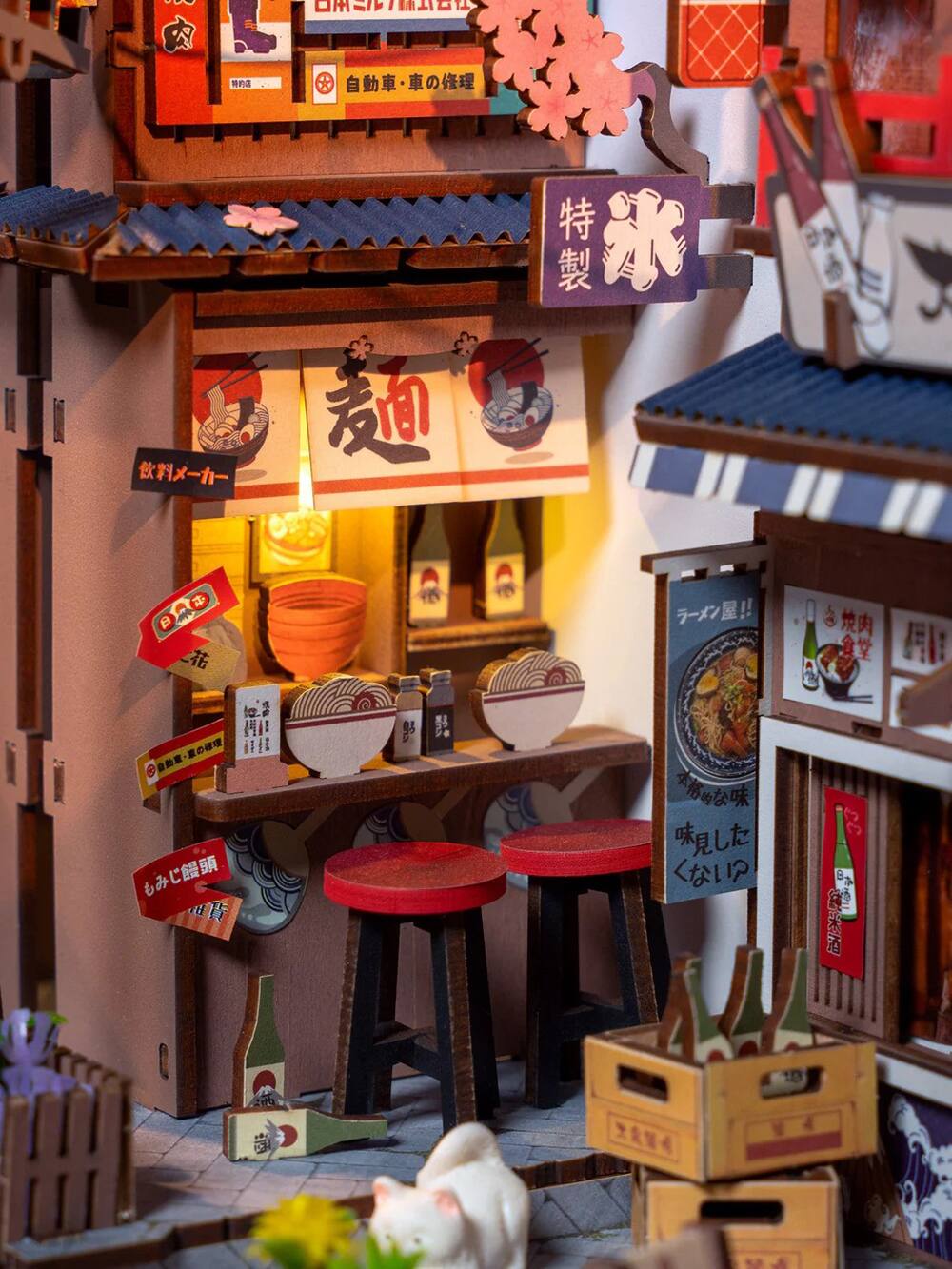 Sure, here is the corrected and grouped text from the image:

**Top Left:**
- 自動車・車の修理 (Automobile and Car Repair)

**Top Center:**
- 特製 (Special)

**Top Right:**
- 麦酒 (Beer)

**Middle Left:**
- 飲料メニュー (Beverage Menu)

**Middle Center:**
- 麦酒 (Beer)

**Middle Right:**
- ラーメン屋!! (Ramen Shop!!)

**Bottom Left:**
- もちろん熊頭 (Of course, Bear Head)
- 売れ (Sold)

**Bottom Center:**
- 本場の味 (Original Flavor)
- 味しき (Delicious)

**Bottom Right:**
- お酒の公味 (Taste of Sake)
- ない (Not Available)

**Additional Signs:**
- 食堂 (Dining Hall)
- お酒の公味 (Taste of Sake)
- お酒の公味 (Taste of Sake)