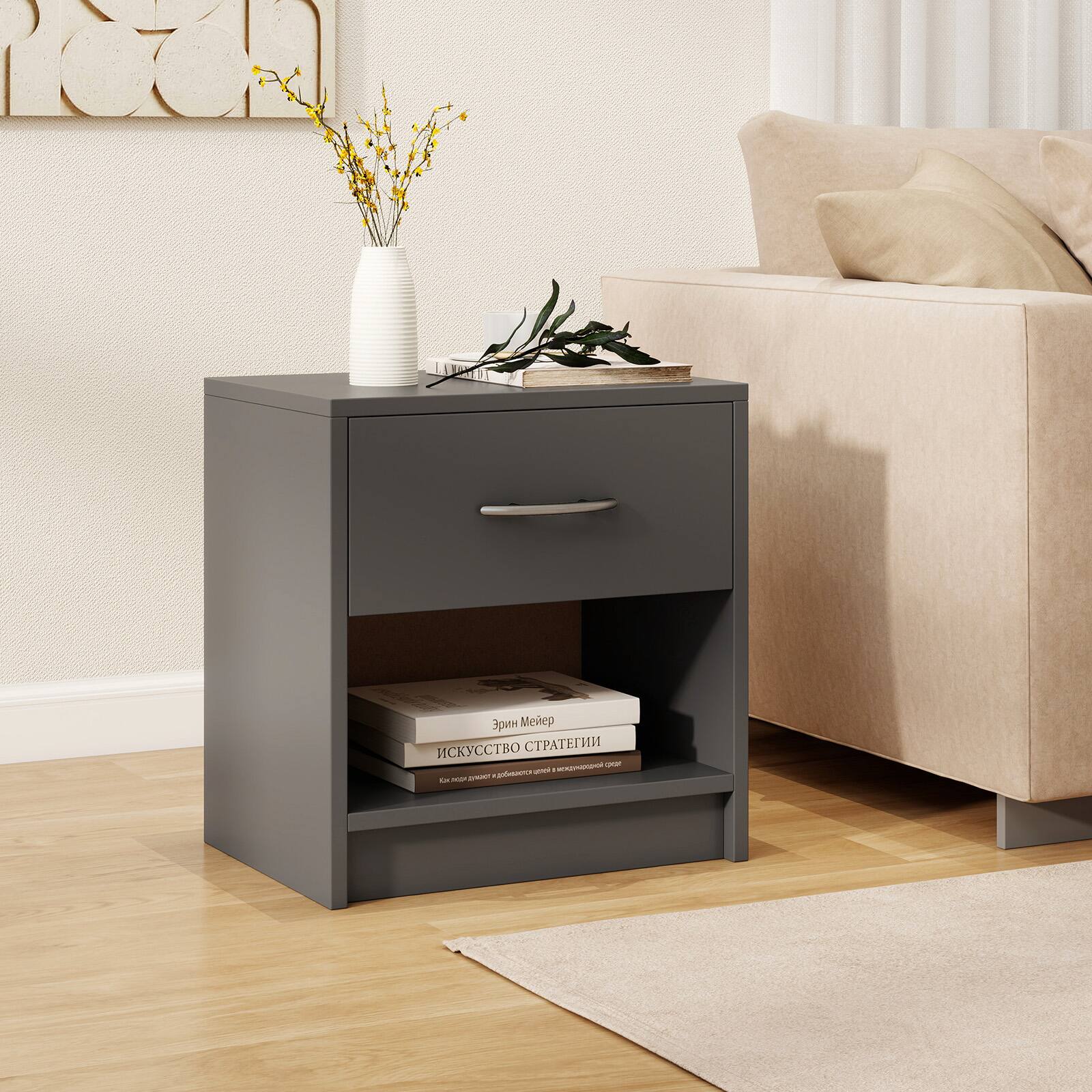 Alt View 4. Gymax - Gymax 2 PCS Nightstand w/ Drawer Side Table w/ Slide-out Drawer Open Storage Shelf Gray - Gray.
